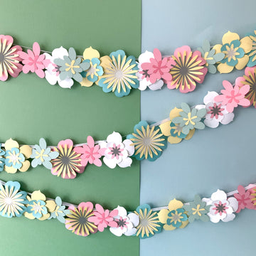 Pinfliers pastel paper flower garlands combo, 1 set of pink flower garland & 1 set of blue & yellow flower garland, birthday backdrop decoration, 36 flowers